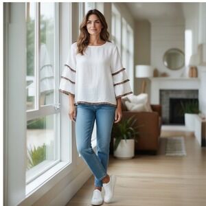 For‎ Cynthia Linen Top Colorful Fringe Trim Bell Sleeve Blouse M